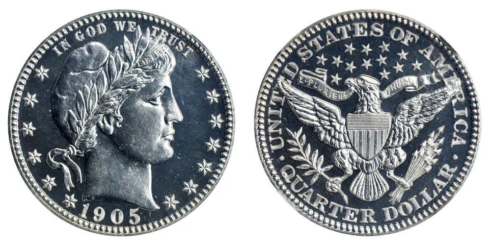 1905 Barber quarter obverse and reverse showing Liberty portrait and heraldic eagle
