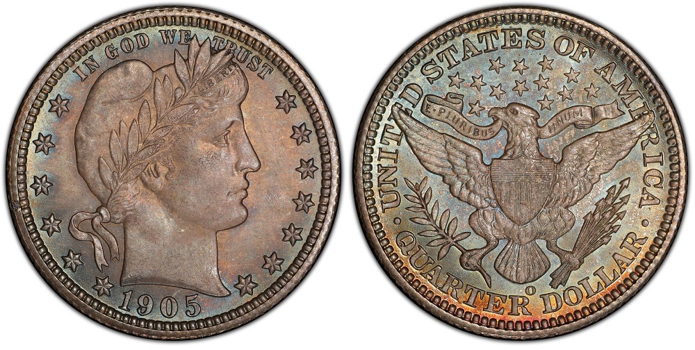 Side-by-side comparison of 1905-O New Orleans and 1905 Philadelphia Barber quarter reverses showing mint mark difference