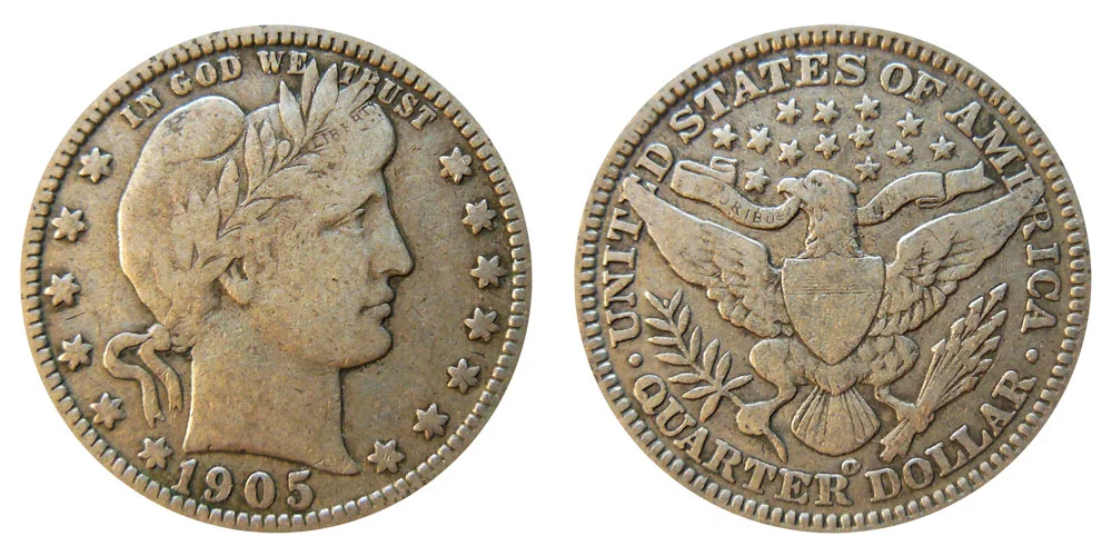 1905-O Barber quarter reverse showing New Orleans O mint mark above QUARTER DOLLAR