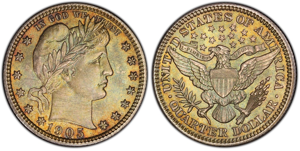 1905 Philadelphia Barber quarter obverse showing full Liberty portrait and LIBERTY headband inscription
