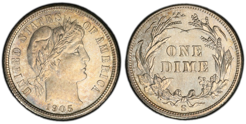 Group of 1905 Barber quarters from all three mints arranged by grade from circulated to gem uncirculated