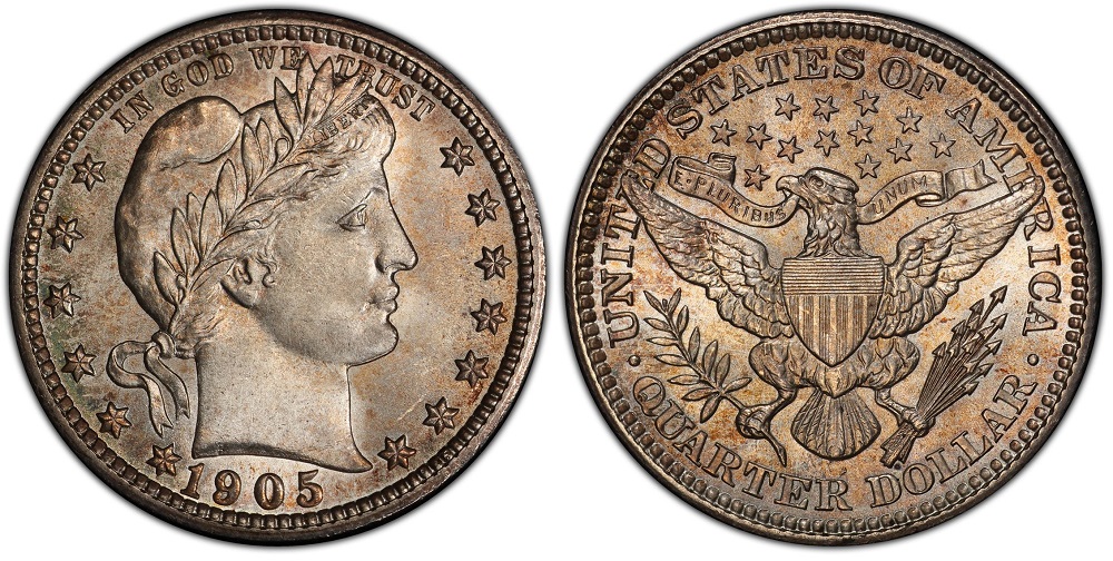 1905 Barber quarter grading strip showing four condition tiers from Good through Mint State